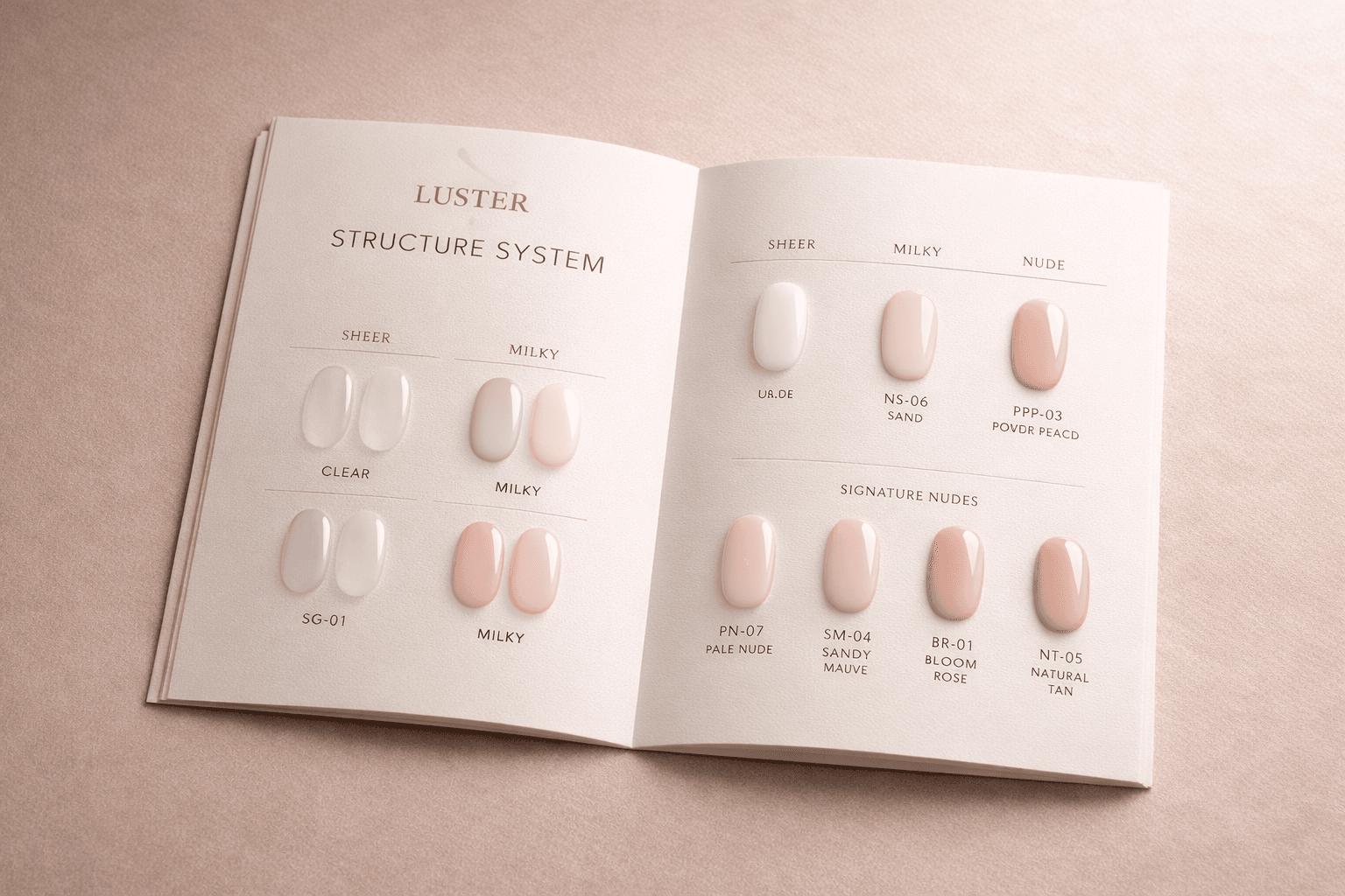 LUSTER Structure System color palette showing sheer, milky, nude, and signature nude gel shades