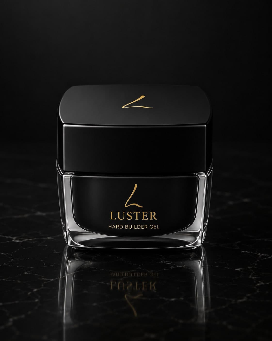 LUSTER Japanese Hard Builder Gel — matte black jar with gold branding on black marble